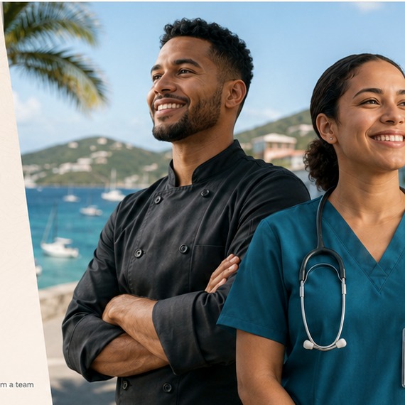 A chef and healthcare professional standing near an island harbor